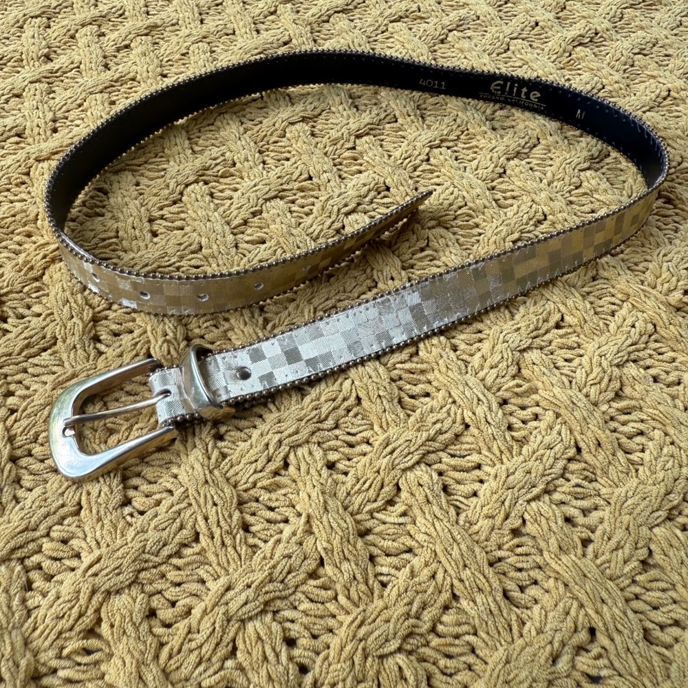 Vintage Elite Fresno California Gold Checkered Metallic Belt Beaded Trim Size M